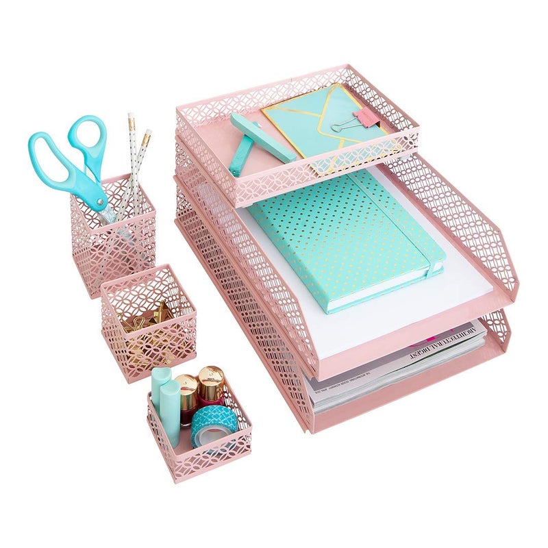 BLU MONACO Pink Desk Organizer Set for Women | 6-Piece Interlocking Office Supplies Set with Pen Cup, Accessory Trays & Letter Trays | Pink Room Decor for Workspace, Home Office & Study Areas - Image 1